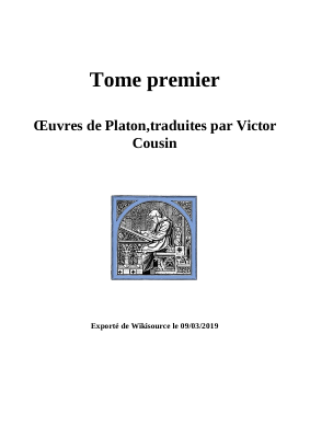 Couverture de Platon - Apologie de Socrate (traduction V. Cousin). wikisource